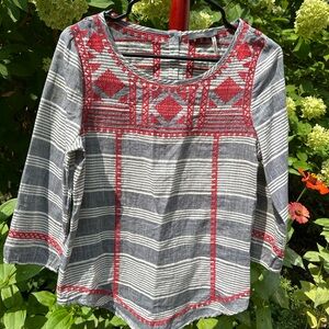 THML Boho Gray and Red Embroidered Women's Top S